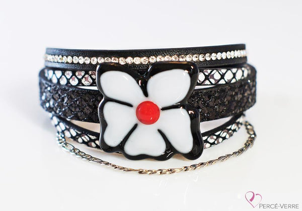 Bracelet pour femme en cuir et verre, Collection “Fleur” #162FR