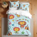 Housse de couette Cirque, parure de lit lion pour enfants, décor bleu