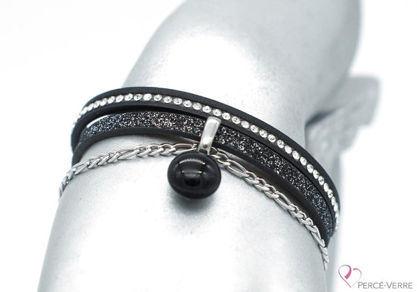 Bracelet en cuir noir scintillant avec breloque de verre, #1515