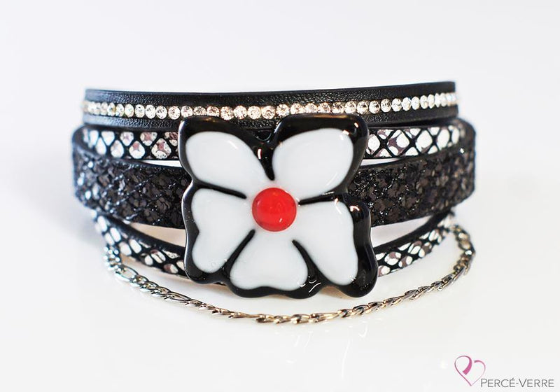 Bracelet pour femme en cuir et verre, Collection “Fleur”