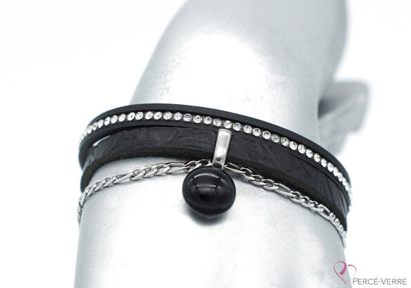 Bracelet en cuir noir avec zircons et breloque de verre, #1550