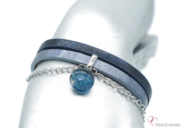 Bracelet sport bleu jeans avec breloque de verre #1502