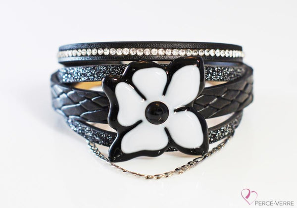 Bracelet cuir et verre pour femme, Collection “Fleur” #159FN