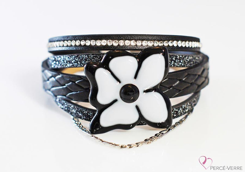 Bracelet cuir et verre pour femme, Collection “Fleur”