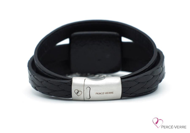 Bracelet en cuir noir avec chaine en acier inoxydable