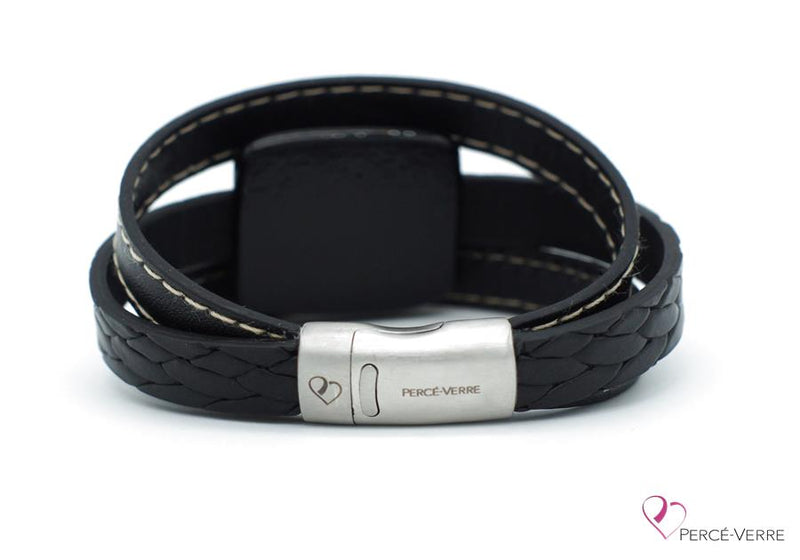 Bracelet en cuir noir avec chaine en acier inoxydable pour homme
