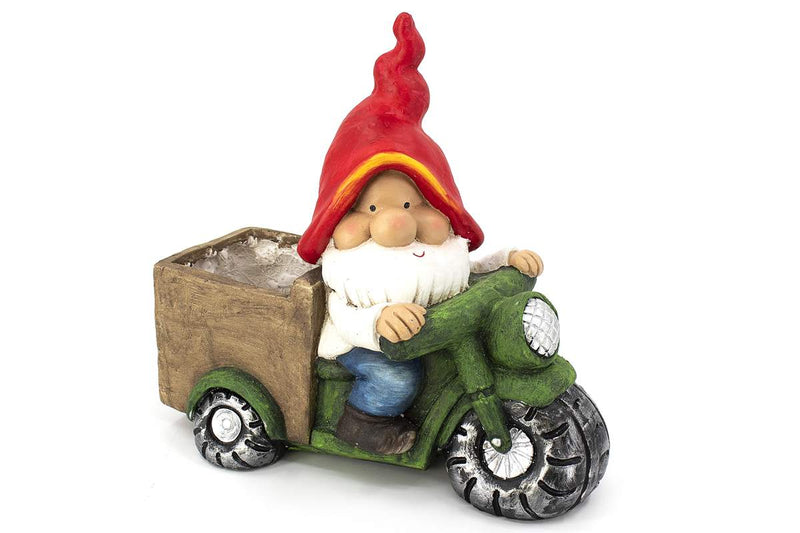 Gnome avec pot sur motocyclette